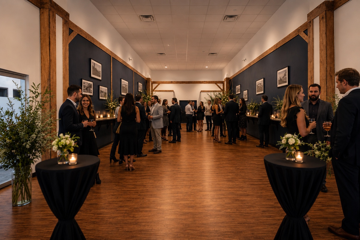 Guests at an evening reception in the Arboretum hall, with candlelit high-top tables and florals